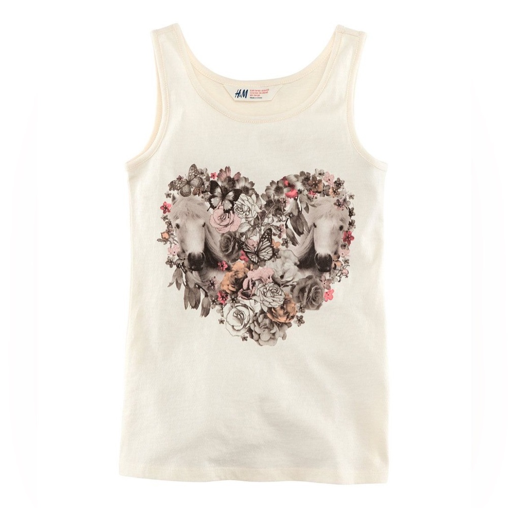 H & M SIZE 8-10 ~GIRLS CREAM SPARKLE FLORAL HORSE CREWNECK TANK TOP~SHIRT - Picture 13 of 13